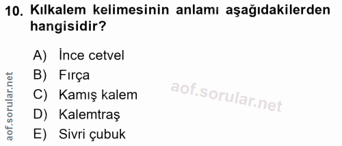 10. soru: Kılkalem kelimesinin anlamı aşağıdakilerden hangisidir? A) Ince cetvel B) Fırça C) Kamış kalem D) Kalemtraş E) Sivri…