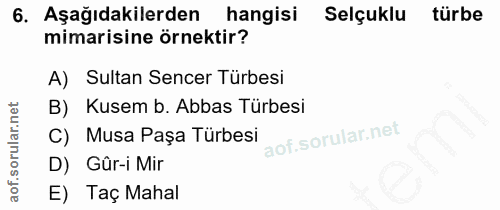 6. soru: Aşağıdakilerden hangisi Selçuklu türbe mimarisine örnektir? A) Sultan Sencer Türbesi B) Kusem b. Abbas Türbesi Musa P…