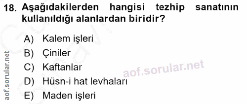18. soru: Aşağıdakilerden hangisi tezhip sanatının kullanıldığı alanlardan biridir? A) Kalem işleri B) Çiniler () l Kaftanlar D…