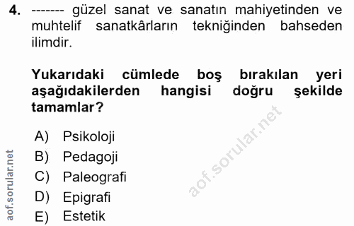 4. soru: - güzel sanat ve sanatın mahiyetinden ve muhtelif sanatkârların tekniğinden bahseden ilimdir. Yukarıdaki cümlede boş…