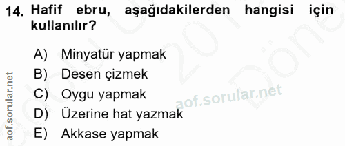 14. soru: Hafif ebru, aşağıdakilerden hangisi için kullanılır? A) Minyatür yapmak Desen çizmek C) Oygu yapmak D) Uzerine hat ya…