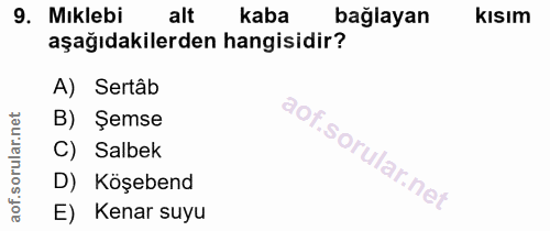 9. soru: Mıklebi alt kaba bağlayan kısım aşağıdakilerden hangisidir? A) Sertâb B) Şemse C) Salbek D) Köşebend E) Kenar suyu