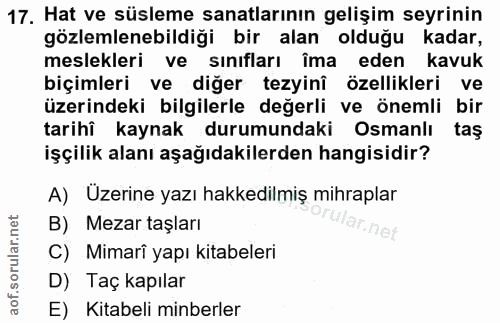 17. soru: Hat ve süsleme sanatlarının gelişim seyrinin gözlemlenebildiği bir alan olduğu kadar, meslekleri ve sınıfları îma ede…