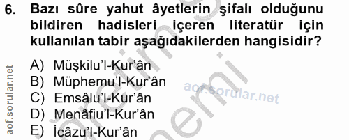 6. soru: Bazı sûre yahut âyetlerin şifalı olduğunu bildiren hadisleri içeren literatür için kullanılan tabir aşağıdakilerden h…