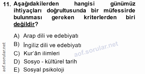 11. soru: Aşağıdakilerden hangisi günümüz ihtiyaçları doğrultusunda bir müfessirde bulunması gereken kriterlerden biri değildir…