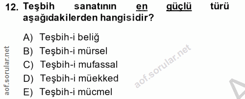 12. soru: Teşbih sanatının en güçlü türü aşağıdakilerden hangisidir? A) Teşbih-i belig B) Teşbih-i mürsel C) Teşbih-i mufassal…