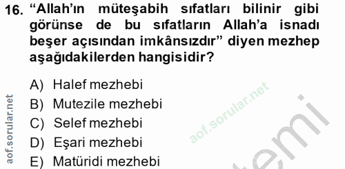 16. soru: "Allah'ın müteşabih sıfatları bilinir gibi görünse de bu sıfatların Allah'a isnadı beşer açısından imkânsızdır" diyen…