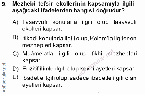 9. soru: Mezhebi tefsir ekollerinin kapsamıyla ilgili aşağıdaki ifadelerden hangisi doğrudur? A) Tasavvufi konularla ilgili ol…
