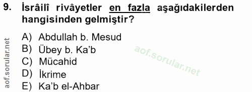 9. soru: İsrâili rivâyetler en fazla aşağıdakilerden hangisinden gelmiştir? A) Abdullah b. Mesud B) Übey b. Ka'b C) Mücahid D)…