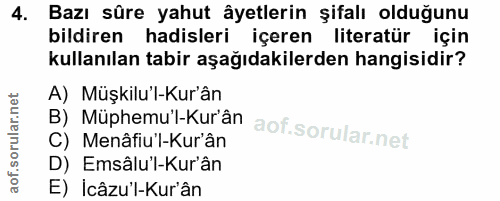 4. soru: Bazı süre yahut âyetlerin şifalı olduğunu bildiren hadisleri içeren literatür için kullanılan tabir aşağıdakilerden h…