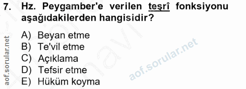 7. soru: Hz. Peygamber'e verilen teşri fonksiyonu aşağıdakilerden hangisidir? A) Beyan etme B) Te'vil etme C) Açıklama D) Tefs…