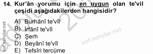 14. soru: Kur'ân yorumu için en uygun olan te'vil çeşidi aşağıdakilerden hangisidir? A) Burhânî te'vil B) Irfânî te'vîl C) Şerh…