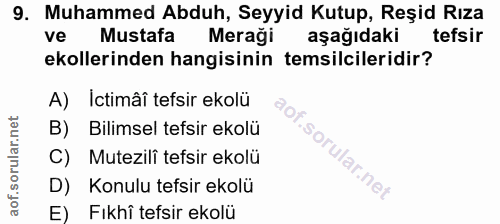 9. soru: Muhammed Abduh, Seyyid Kutup, Reşid Rıza ve Mustafa Meraği aşağıdaki tefsir ekollerinden hangisinin temsilcileridir?…