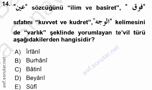 14. soru: "je" sözcüğünü "ilim ve basiret", " Öj'" sıfatını "kuvvet ve kudret", "d. l" kelimesini de "varlık" şeklinde yorumlay…