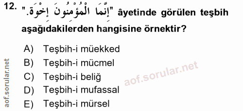 12. soru: 12 ". ög! ügiojal bil" äyetinde görülen teşbii aşağıdakilerden hangisine örnektir? A) Teşbih-i müekked B) Teşbih-i mü…