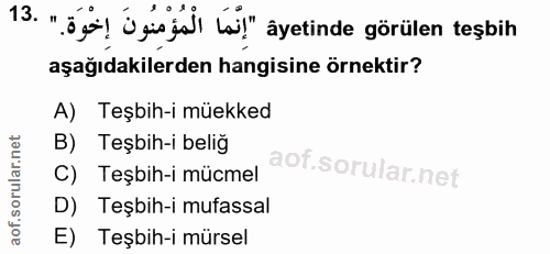 13. soru: ".öji! Üginjal lai!" äyetinde görülen teşbih aşağıdakilerden hangisine örnektir? A) Teşbih-i müekked B) Teşbih-i beli…