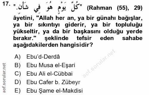 17. soru: " ülü ș $ us ps. j5" (Rahman (55), 29) âyetini, "Allah her an, ya bir günahı bağışlar, ya bir sıkıntıyı giderir, ya b…