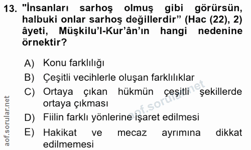 13. soru: "Insanları sarhoş olmuş gibi görürsün, halbuki onlar sarhoş değillerdir" (Hac (22), 2) âyeti, Müşkilu'l-Kur'ân'ın han…
