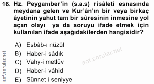 16. soru: Hz. Peygamber'in (s.a.s) risâleti esnasinda meydana gelen ve Kur'ân'ın bir veya birkaç âyetinin yahut tam bir süresin…
