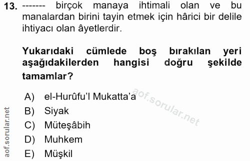 13. soru: - birçok manaya ihtimali olan ve bu manalardan birini tayin etmek için hârici bir delile ihtiyacı olan âyetlerdir. Yu…