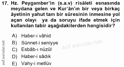 17. soru: Hz. Peygamber'in (s.a.v) risâleti esnasinda meydana gelen ve Kur'ân'ın bir veya birkaç âyetinin yahut tam bir süresin…