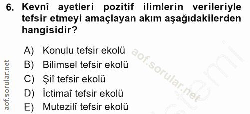 6. soru: Kevnî ayetleri pozitif ilimlerin verileriyle tefsir etmeyi amaçlayan akım aşağıdakilerden hangisidir? A) Konulu tefsi…