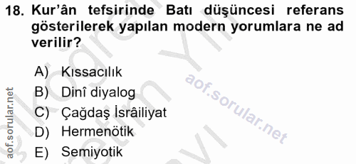 18. soru: Kur'ân tefsirinde Batı düşüncesi referans gösterilerek yapılan modern yorumlara ne ad verilir? A) Kıssacılık B) Dinî…