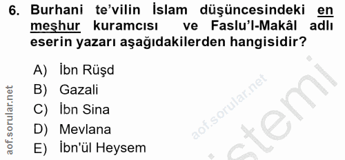 6. soru: Burhani te'vilin İslam düşüncesindeki en meşhur kuramcısı ve Faslu'l-Makâl adlı eserin yazarı aşağıdakilerden hangisi…