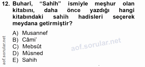 12. soru: Buharî, "Sahih" ismiyle meşhur olan kitabını, daha önce yazdığı hangi kitabındaki sahih hadisleri seçerek meydana get…