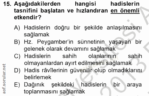 15. soru: Aşağıdakilerden hangisi hadislerin tasnifini başlatan ve hızlandıran en önemli etkendir? A) Hadislerin doğru bir şeki…