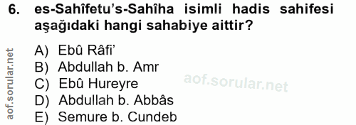 6. soru: es-Sahîfetu's-Sahîha isimli hadis sahifesi aşağıdaki hangi sahabiye aittir? A) Ebû Râfi' B) Abdullah b. Amr C) Ebû Hu…
