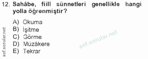 12. soru: Sahâbe, fiili sünnetleri genellikle hangi yolla öğrenmiştir? A) Okuma B) Işitme C) Görme D) Müzäkere E) Tekrar