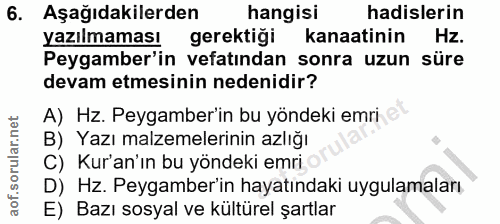 6. soru: Aşağıdakilerden hangisi hadislerin yazılmaması gerektiği kanaatinin Hz. Peygamber'in vefatından sonra uzun süre devam…