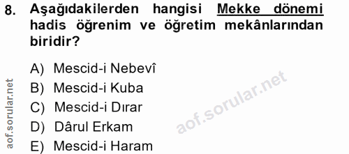 8. soru: Aşağıdakilerden hangisi Mekke dönemi hadis öğrenim ve öğretim mekânlarından biridir? A) Mescid-i Nebevî B) Mescid-i K…