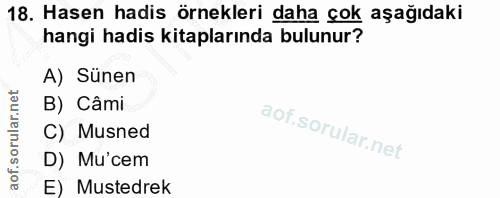 18. soru: Hasen hadis örnekleri daha çok aşağıdaki hangi hadis kitaplarında bulunur? A) Sünen B) Câmi C) Musned D) Mu'cem E) Mu…