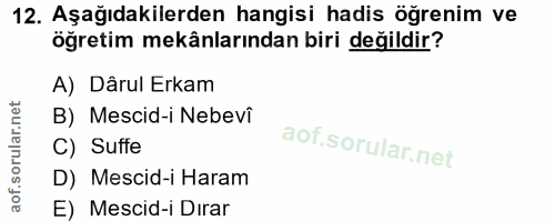12. soru: Aşağıdakilerden hangisi hadis öğrenim ve öğretim mekânlarından biri değildir? A) Dârul Erkam B) Mescid-i Nebevî C) Su…