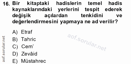 16. soru: Bir kitaptaki hadislerin temel hadis kaynaklarındaki yerlerini tespit ederek değişik açılardan tenkidini ve değerlend…