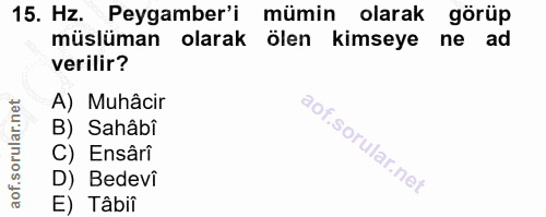 15. soru: Hz. Peygamber'i mümin olarak görüp müslüman olarak ölen kimseye ne ad verilir? A) Muhâcir B) Sahâbi C) Ensâri D) Bede…