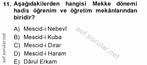 11. soru: Aşağıdakilerden hangisi Mekke dönemi hadis öğrenim ve öğretim mekânlarından biridir? A) Mescid-i Nebevî B) Mescid-i K…