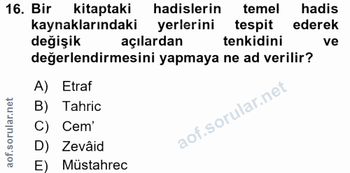 16. soru: Bir kitaptaki hadislerin temel hadis kaynaklarındaki yerlerini tespit ederek değişik açılardan tenkidini ve değerlend…