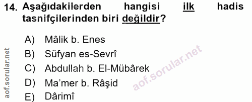 14. soru: Aşağıdakilerden hangisi ilk hadis tasnifçilerinden biri değildir? A) Mâlik b. Enes B) Süfyan es-Sevri C) Abdullah b.…