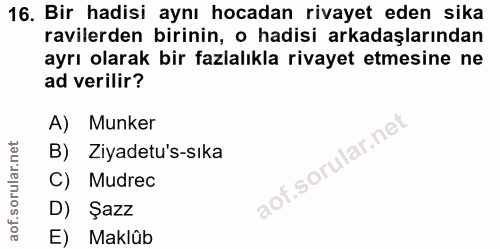 16. soru: Bir hadisi aynı hocadan rivayet eden sika ravilerden birinin, o hadisi arkadaşlarından ayrı olarak bir fazlalıkla riv…