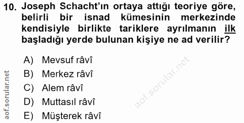 10. soru: Joseph Schacht'ın ortaya attığı teoriye göre, belirli bir isnad kümesinin merkezinde kendisiyle birlikte tariklere ay…