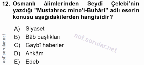 12. soru: Osmanlı âlimlerinden Seydi Çelebi'nin yazdığı "Mustahrec mine'l-Buhârî" adlı eserin konusu aşağıdakilerden hangisidir…