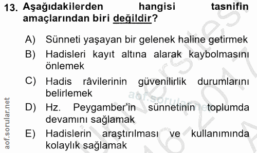13. soru: Aşağıdakilerden hangisi tasnifin amaçlarından biri değildir? A) Sünneti yaşayan bir gelenek haline getirmek B) Hadisl…