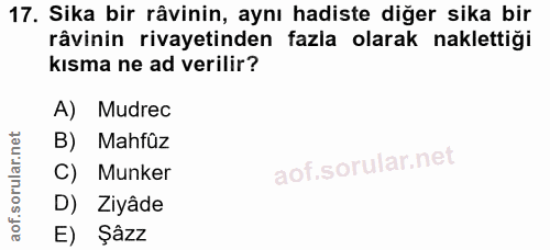 17. soru: Sika bir râvinin, aynı hadiste diğer sika bir râvinin rivayetinden fazla olarak naklettiği kısma ne ad verilir? A) Mu…