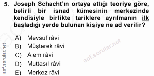 5. soru: Joseph Schacht'ın ortaya attığı teoriye göre, belirli bir isnad kümesinin merkezinde kendisiyle birlikte tariklere ay…