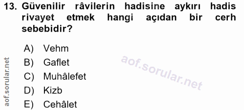 13. soru: Güvenilir râvilerin hadisine aykırı hadis rivayet etmek hangi açıdan bir cerh sebebidir? A) Vehm B) Gaflet C) Muhâlef…