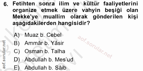 6. soru: Fetihten sonra ilim ve kültür faaliyetlerini organize etmek üzere vahyin beşiği olan Mekke'ye muallim olarak gönderil…