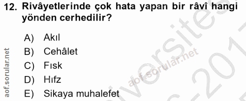 12. soru: Rivâyetlerinde çok hata yapan bir râvi hangi yönden cerhedilir? A) Akıl B) Cehâlet C) Fisk abfsgrular.net D) Hifz Sik…
